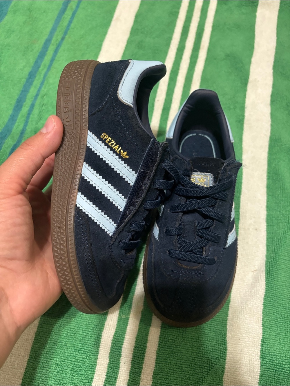 adidas Kids Navy Suede Sneakers with White Stripes and Gum Sole